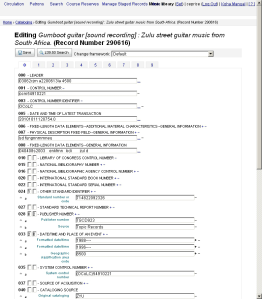 Example of a MARC editing screen in Koha